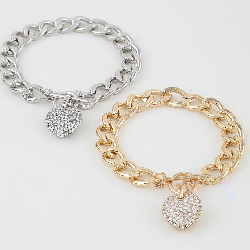 Bejeweled Heart Toggle Chain Bracelet Silver