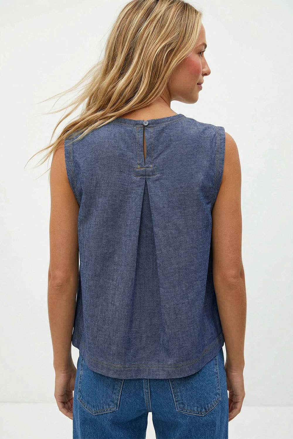 Round Neck Garment Wash Sleeveless Top: Denim / S-M-L(2-2-2)