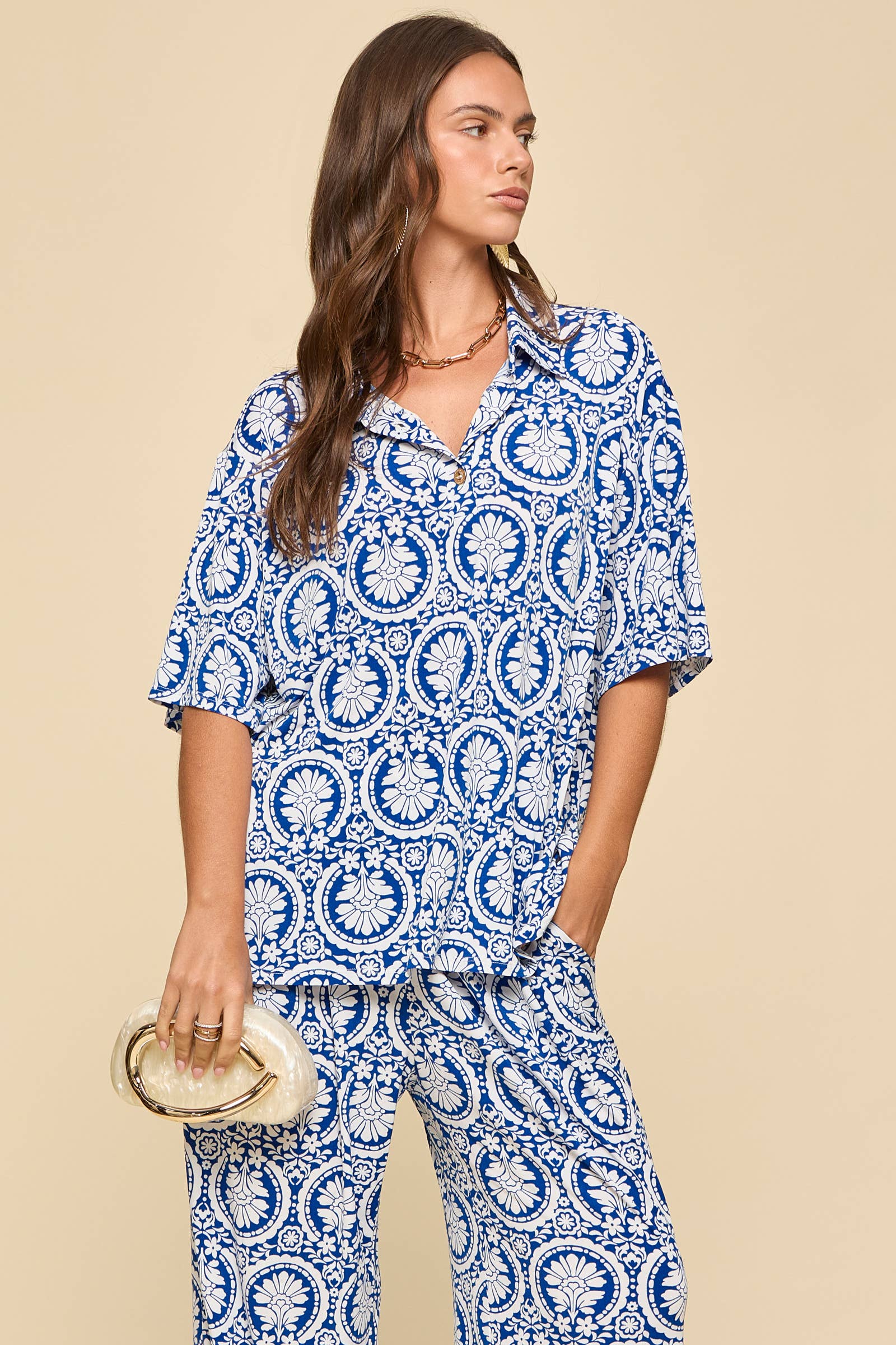 2-Piece Blouse + Relaxed Pants Resort Wear Set Royal Blue