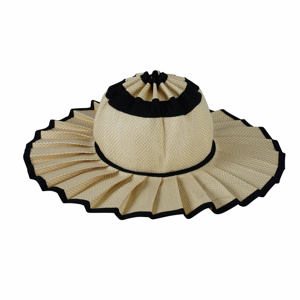 Boho Checkered Straw Hat Roll Up Ruffled Beach Hat: VBlack / M