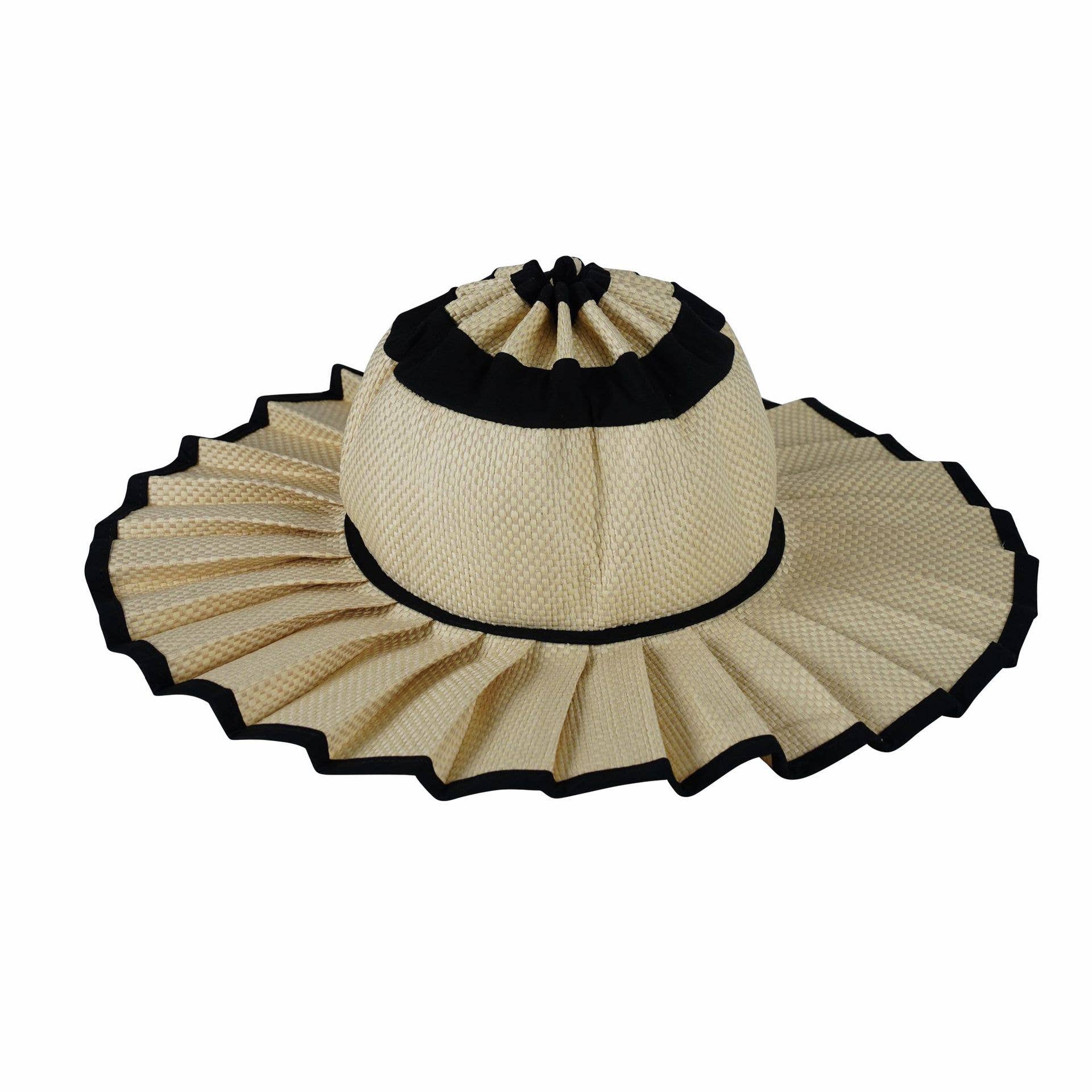 Boho Checkered Straw Hat Roll Up Ruffled Beach Hat: VBlack / M