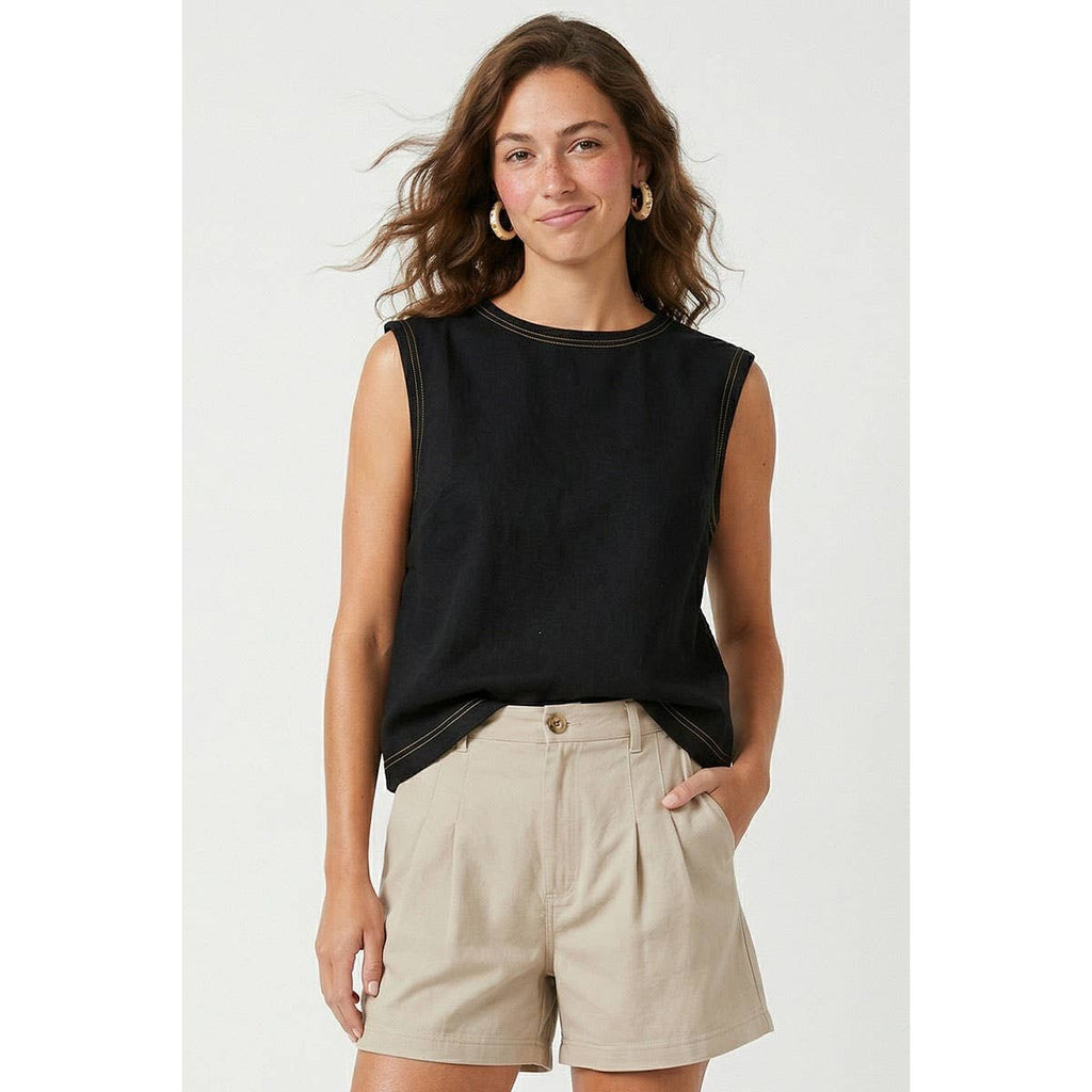 Round Neck Garment Wash Sleeveless Top: Banana / S-M-L(2-2-2)