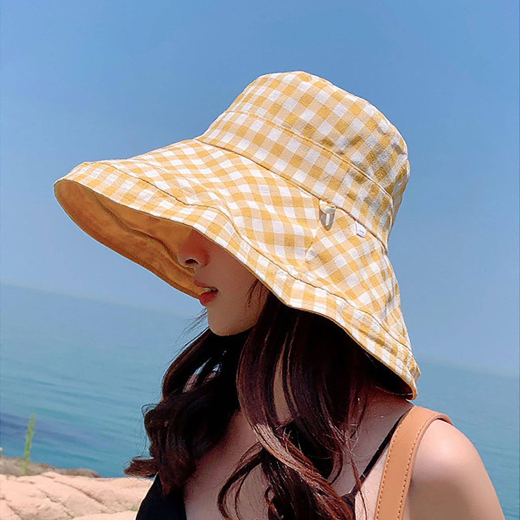 Women's Reversible Checkered Bucket Hat Yellow