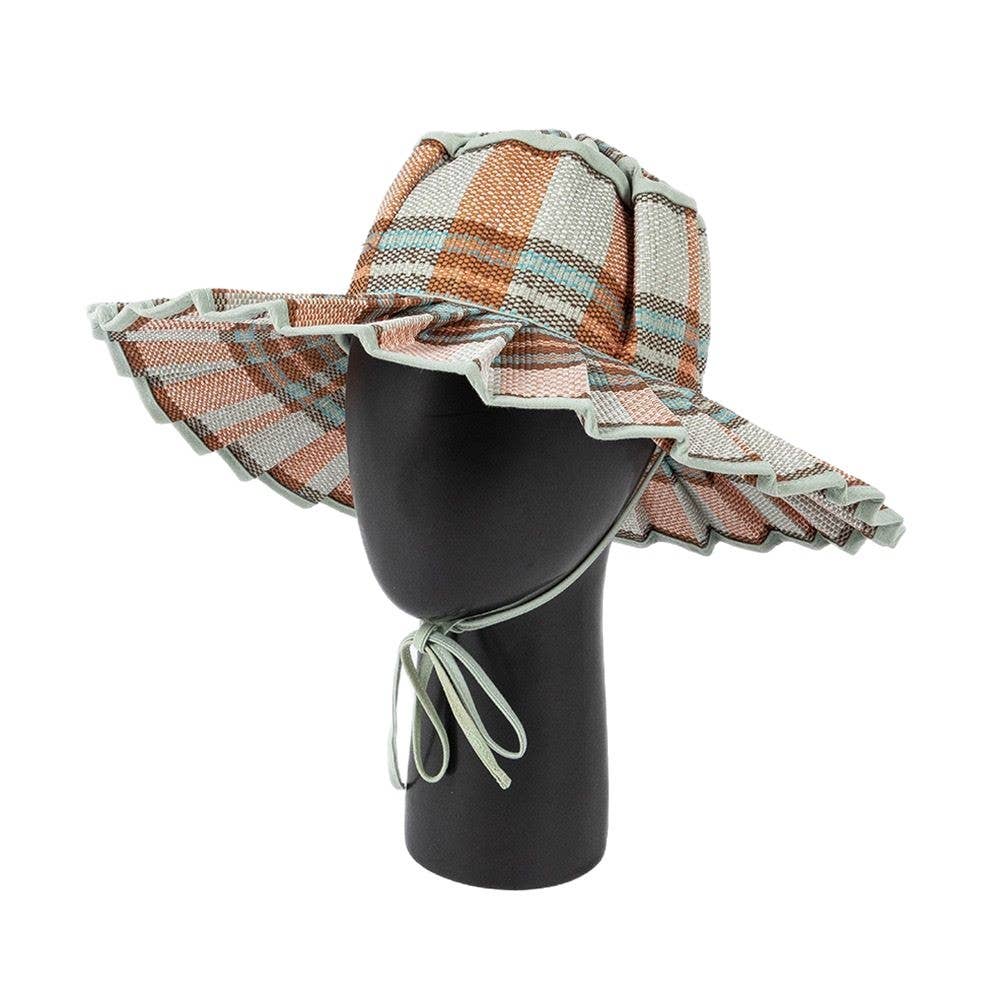 Boho Checkered Straw Hat Roll Up Ruffled Beach Hat: VBlack / M