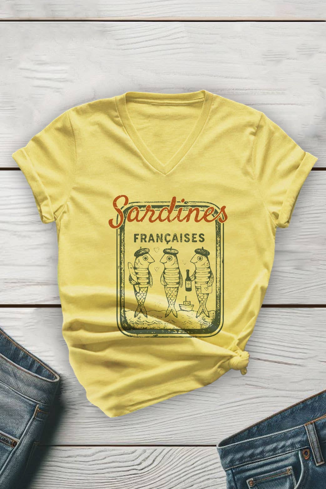 French Sardines Unisex V Neck Tee: White / L / Graphic T-Shirt