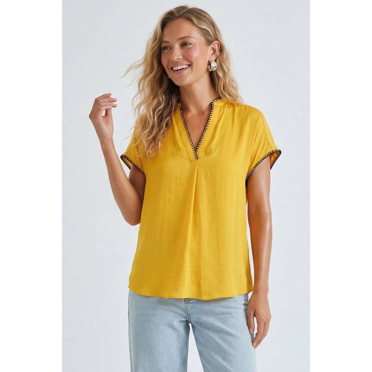 Whipstitch Drop Shoulder Regular Blouse: Navy / L