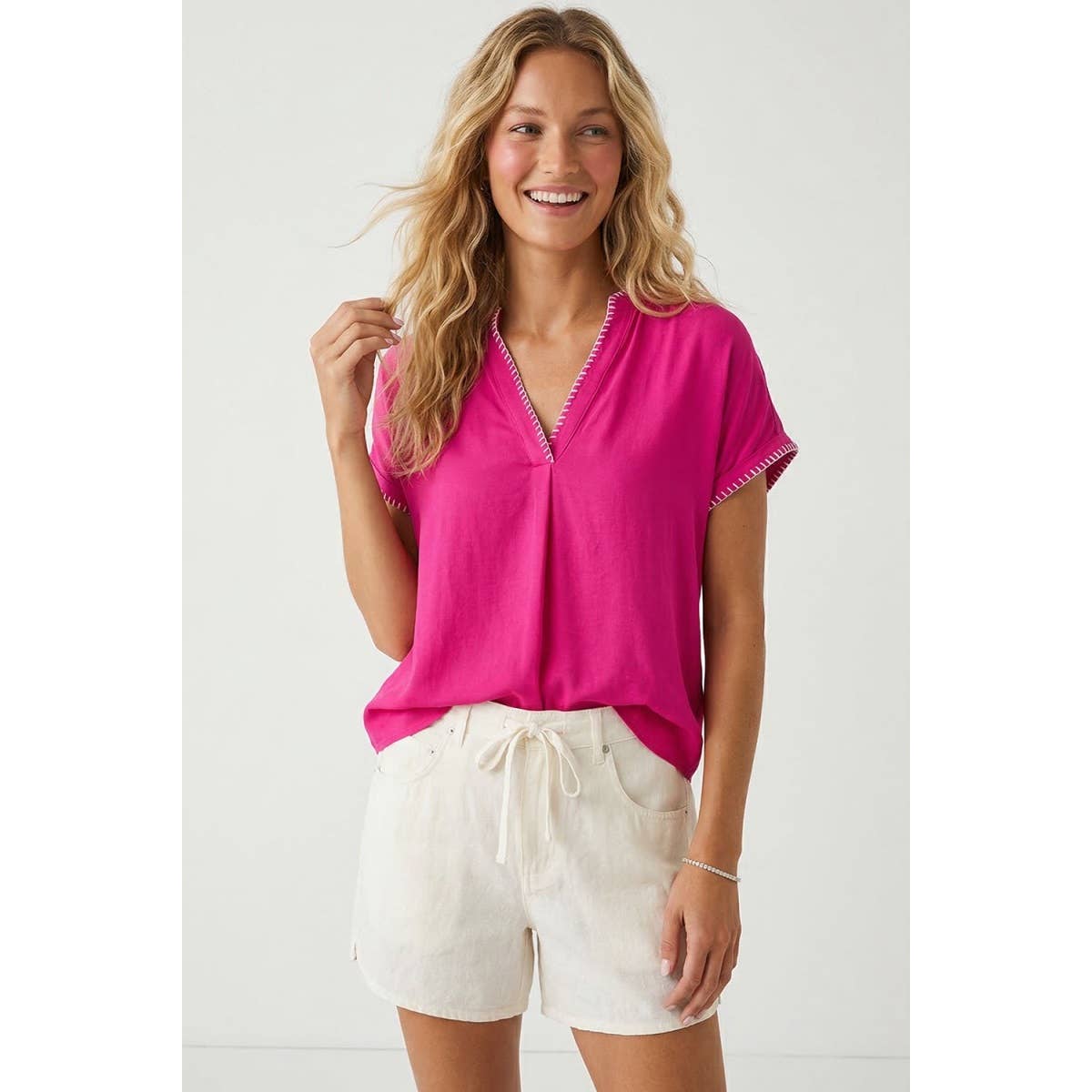 Whipstitch Drop Shoulder Regular Blouse: Navy / L