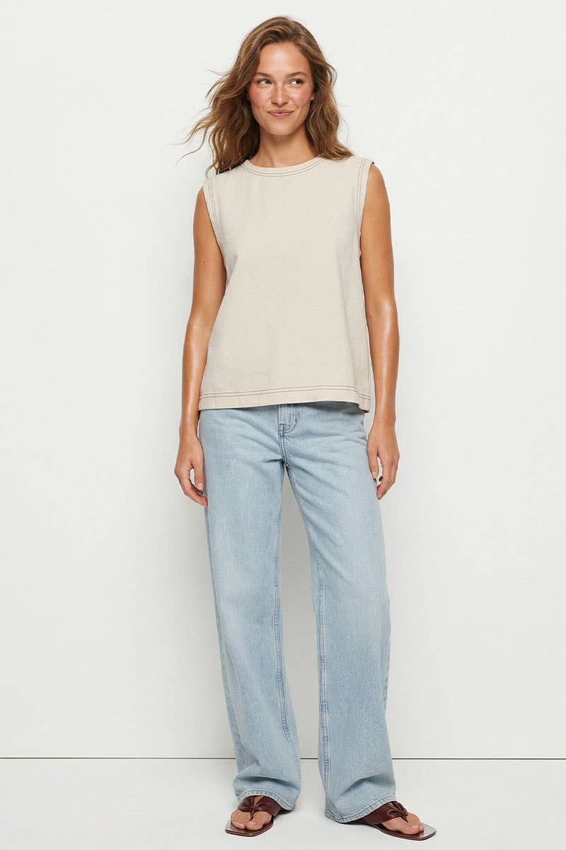 Round Neck Garment Wash Sleeveless Top: Denim / S-M-L(2-2-2)