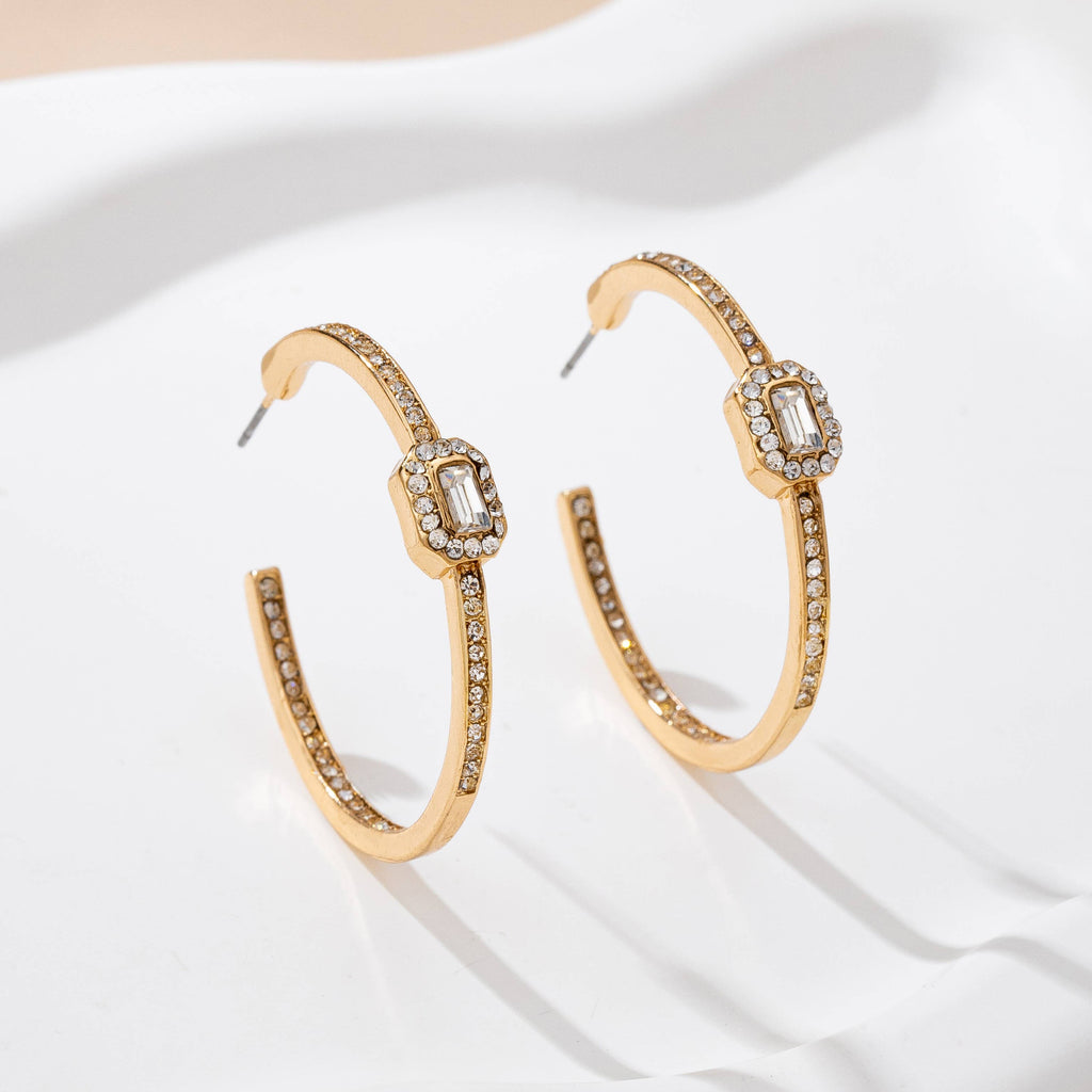 Solitaire Square Crystal Gold Hoop Earring