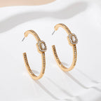 Solitaire Square Crystal Gold Hoop Earring