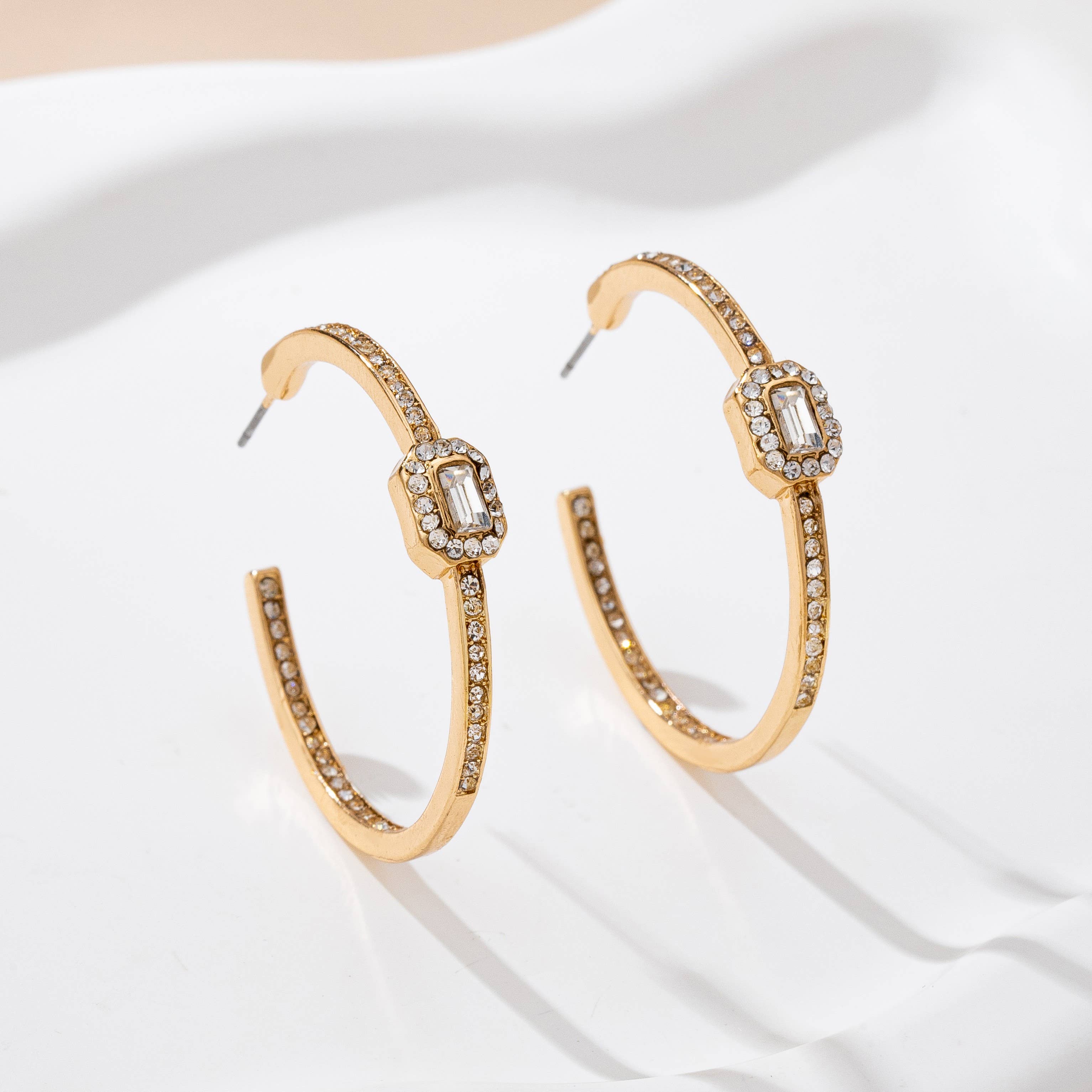 Solitaire Square Crystal Gold Hoop Earring