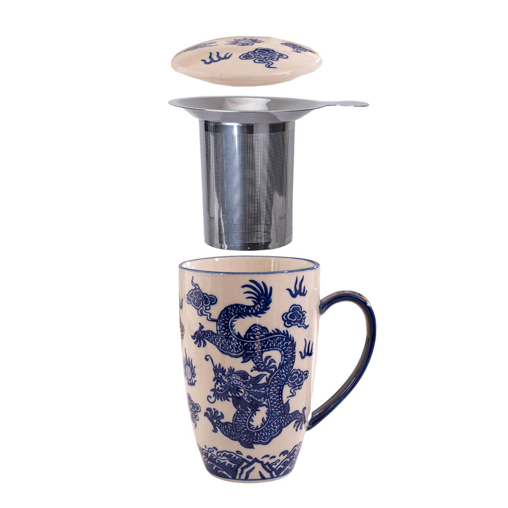 Oriental Ryu Dragon Design 15oz Tea Mugs with Lid and Infuser