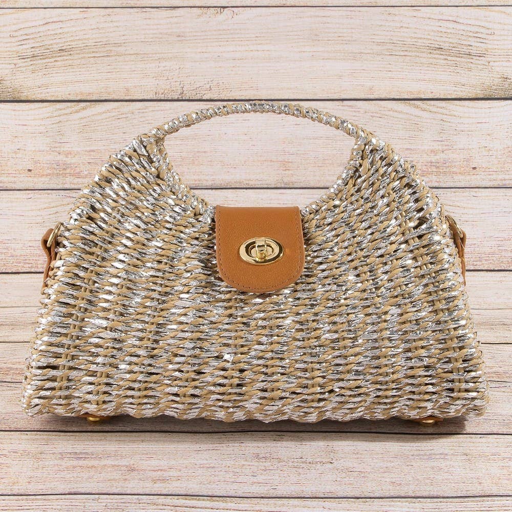 Woven Straw Top Handle Handbag Khaki