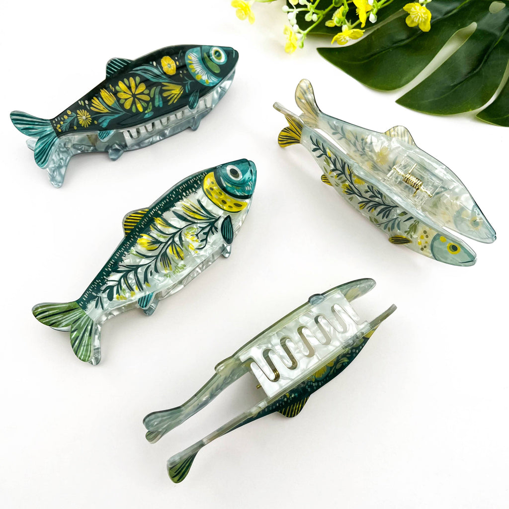 Green Sardine Hair Claw Clip with Seaweed Detail: Blue-A
