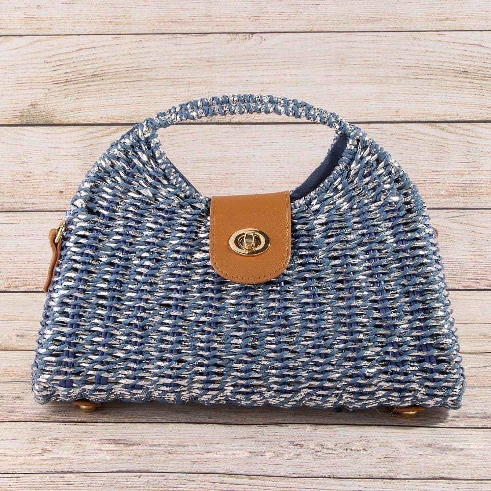 Woven Straw Top Handle Handbag Blue