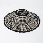 Boho Checkered Straw Hat Roll Up Ruffled Beach Hat: Green / M