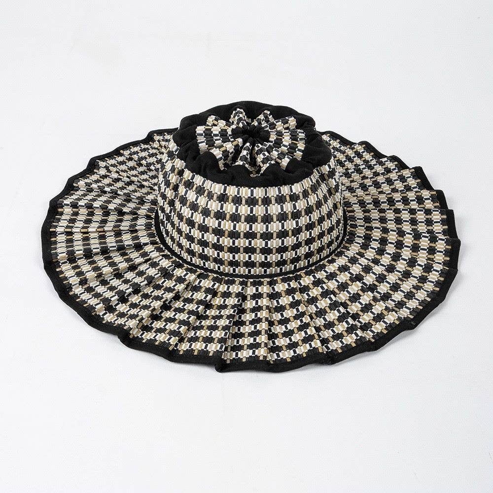Boho Checkered Straw Hat Roll Up Ruffled Beach Hat: Green / M