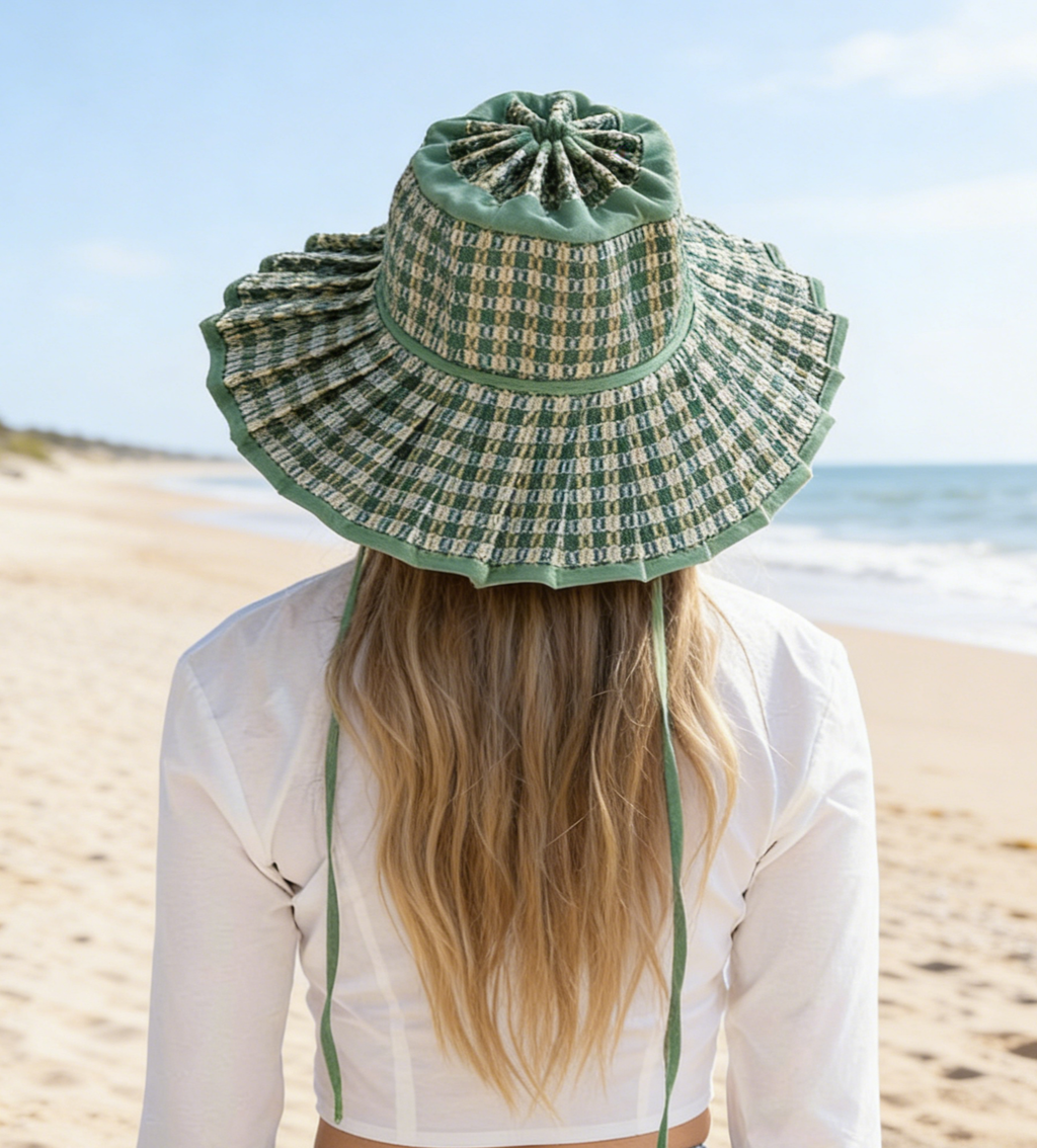 Boho Checkered Straw Hat Roll Up Ruffled Beach Hat: Green / M