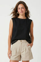 Round Neck Garment Wash Sleeveless Top: Tan / S-M-L(2-2-2)