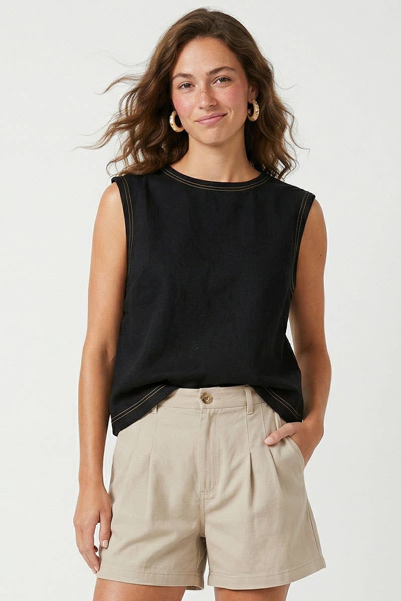 Round Neck Garment Wash Sleeveless Top: Banana / S-M-L(2-2-2)
