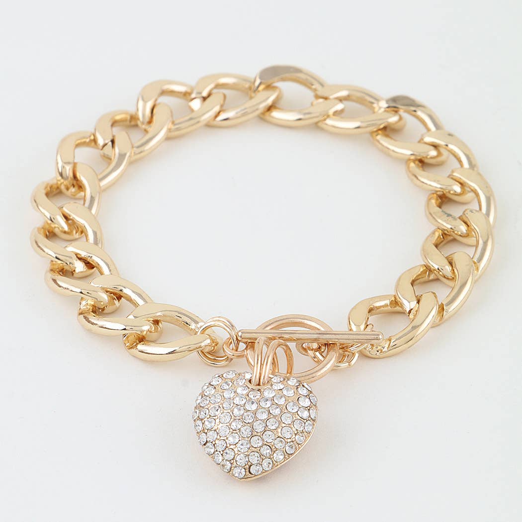 Bejeweled Heart Toggle Chain Bracelet Gold