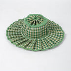Boho Checkered Straw Hat Roll Up Ruffled Beach Hat: Green / M