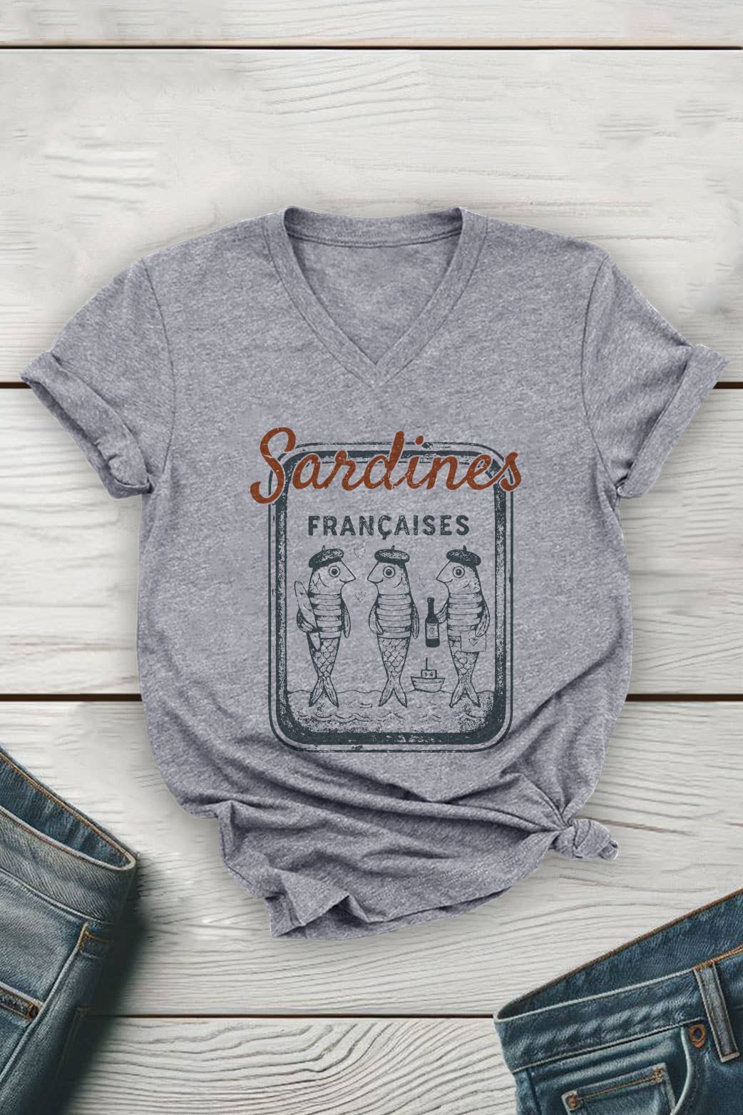 French Sardines Unisex V Neck Tee: White / L / Graphic T-Shirt
