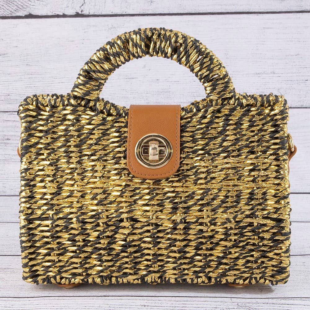 Basket Weave Top Handle Rectangle Bag Black