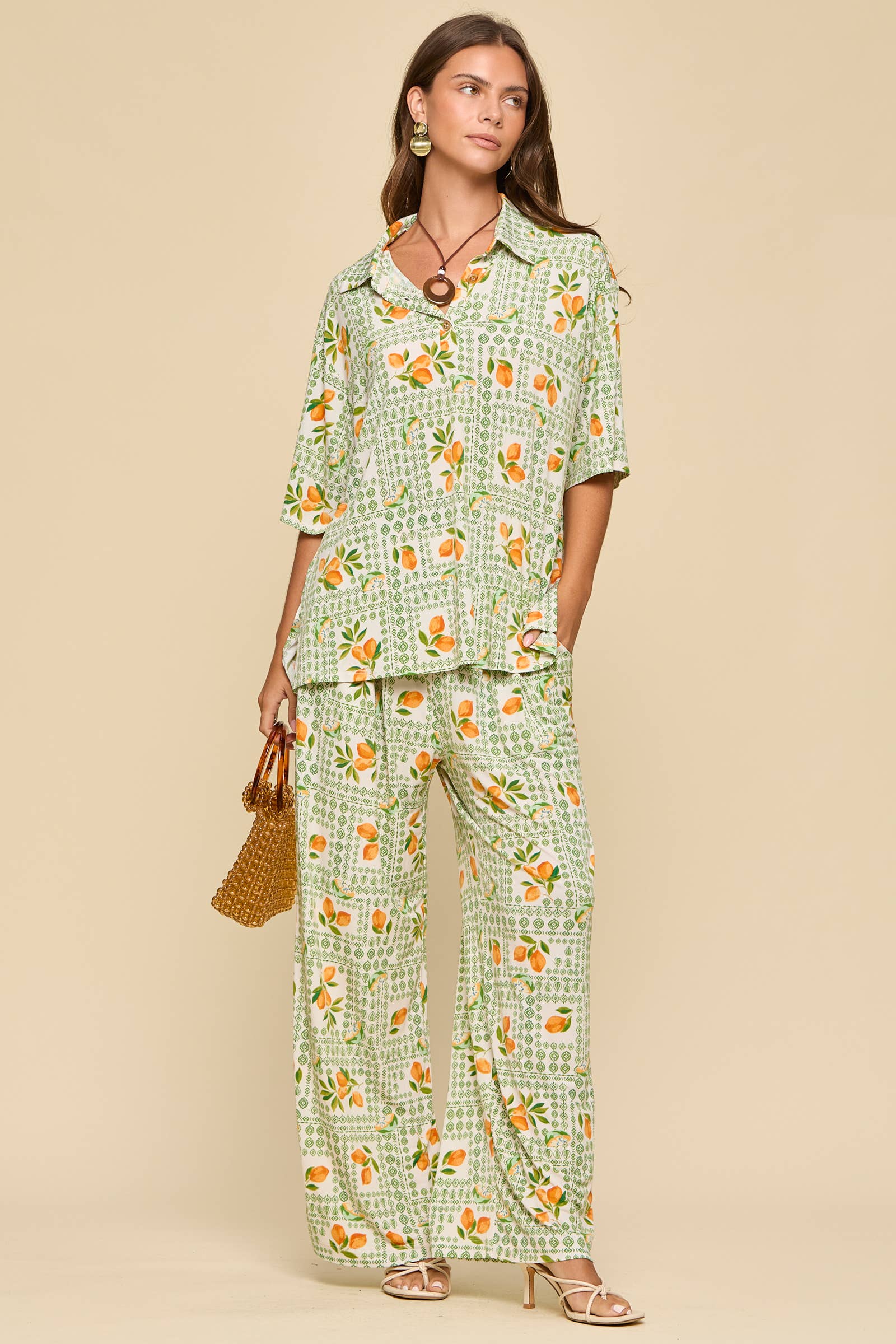 2-Piece Blouse + Relaxed Pants Resort Wear Set Green w/ Fruit