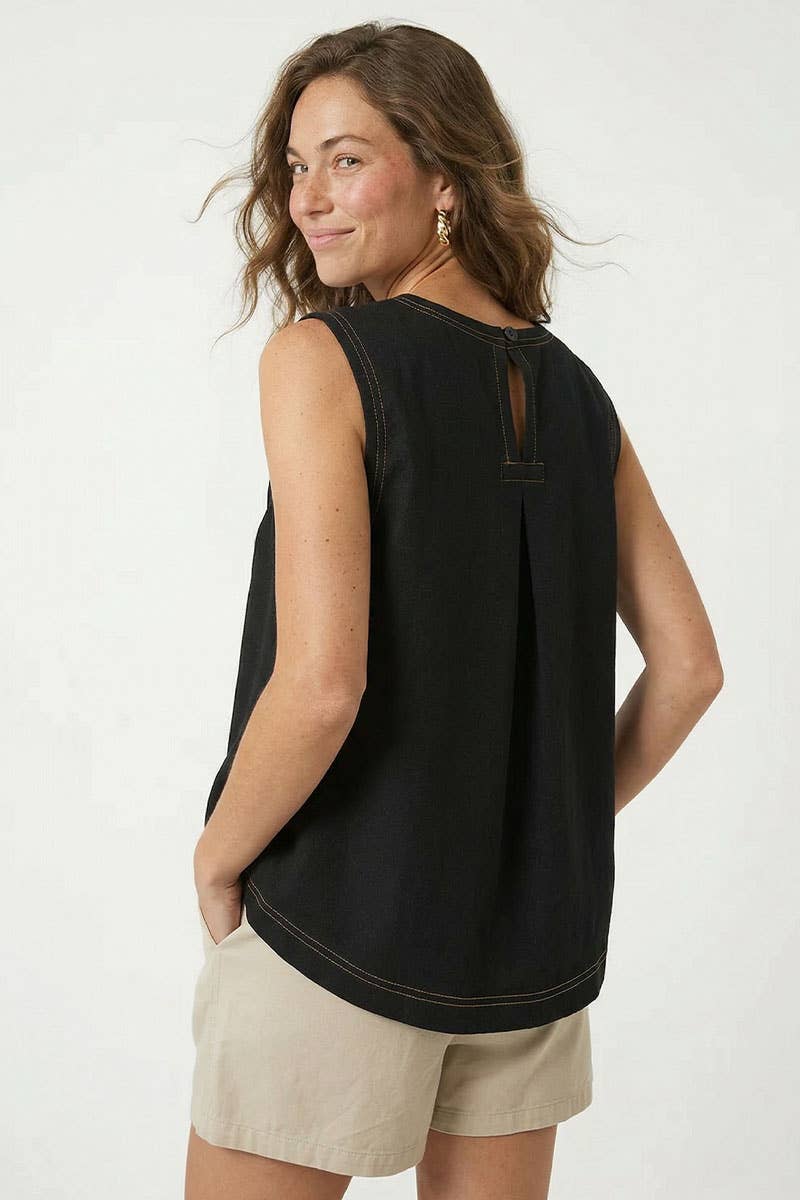 Round Neck Garment Wash Sleeveless Top: Denim / S-M-L(2-2-2)