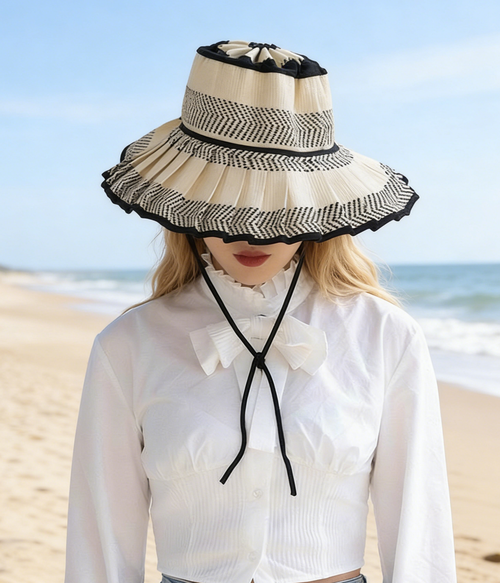 Boho Checkered Straw Hat Roll Up Ruffled Beach Hat: VBlack / M