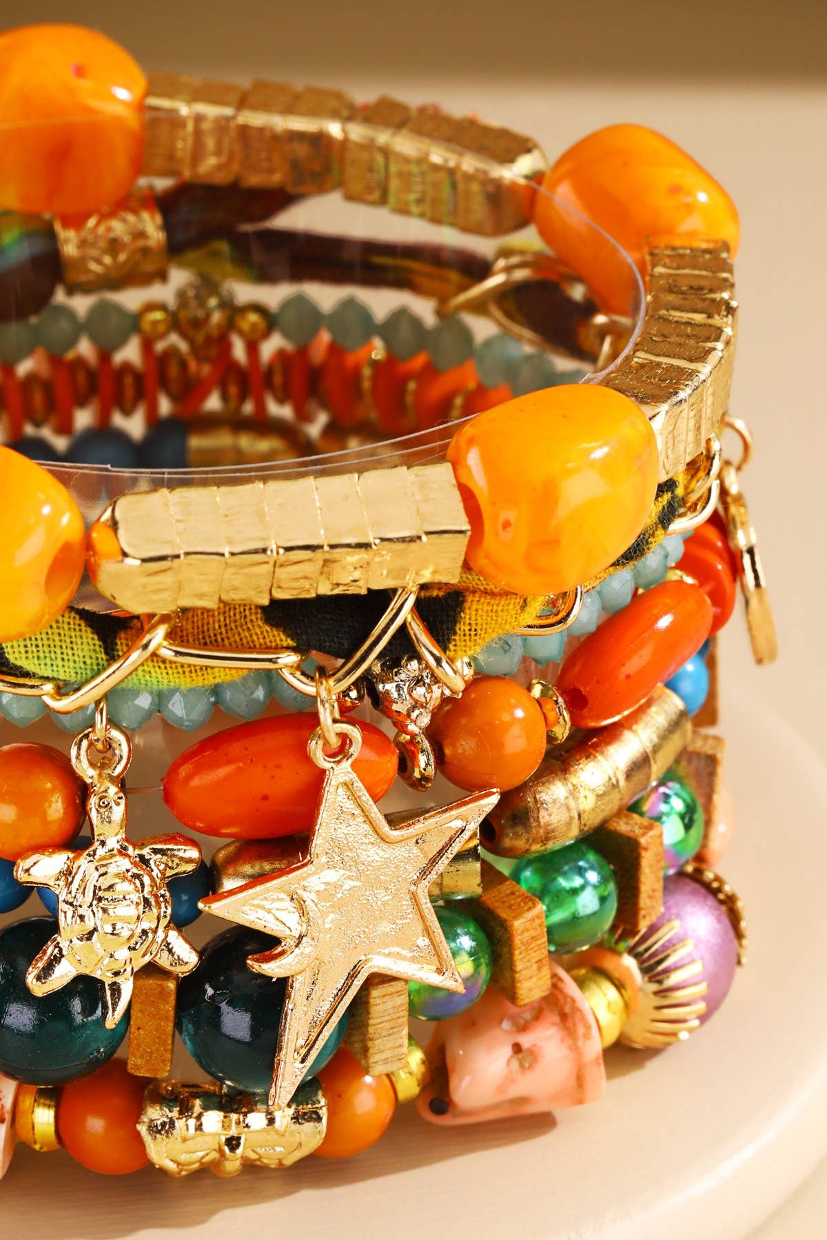 Boho Beaded Charm Stacking Bracelet Set: Golden