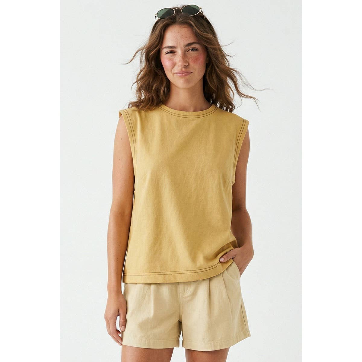 Round Neck Garment Wash Sleeveless Top: Denim / S-M-L(2-2-2)