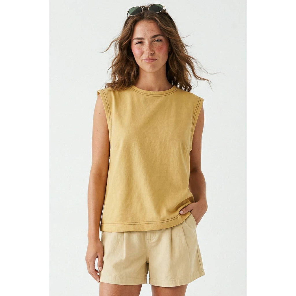 Round Neck Garment Wash Sleeveless Top: Banana / S-M-L(2-2-2)
