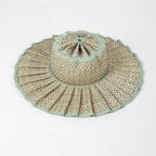 Boho Checkered Straw Hat Roll Up Ruffled Beach Hat: VBlack / M