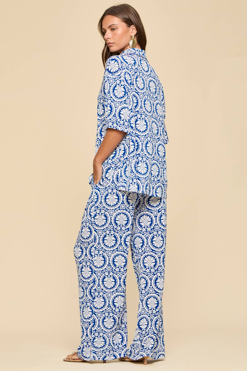 2-Piece Blouse + Relaxed Pants Resort Wear Set Royal Blue