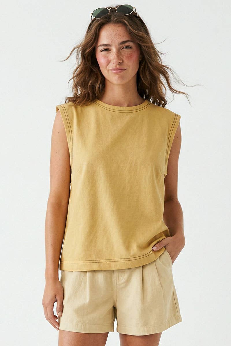 Round Neck Garment Wash Sleeveless Top: Banana / S-M-L(2-2-2)