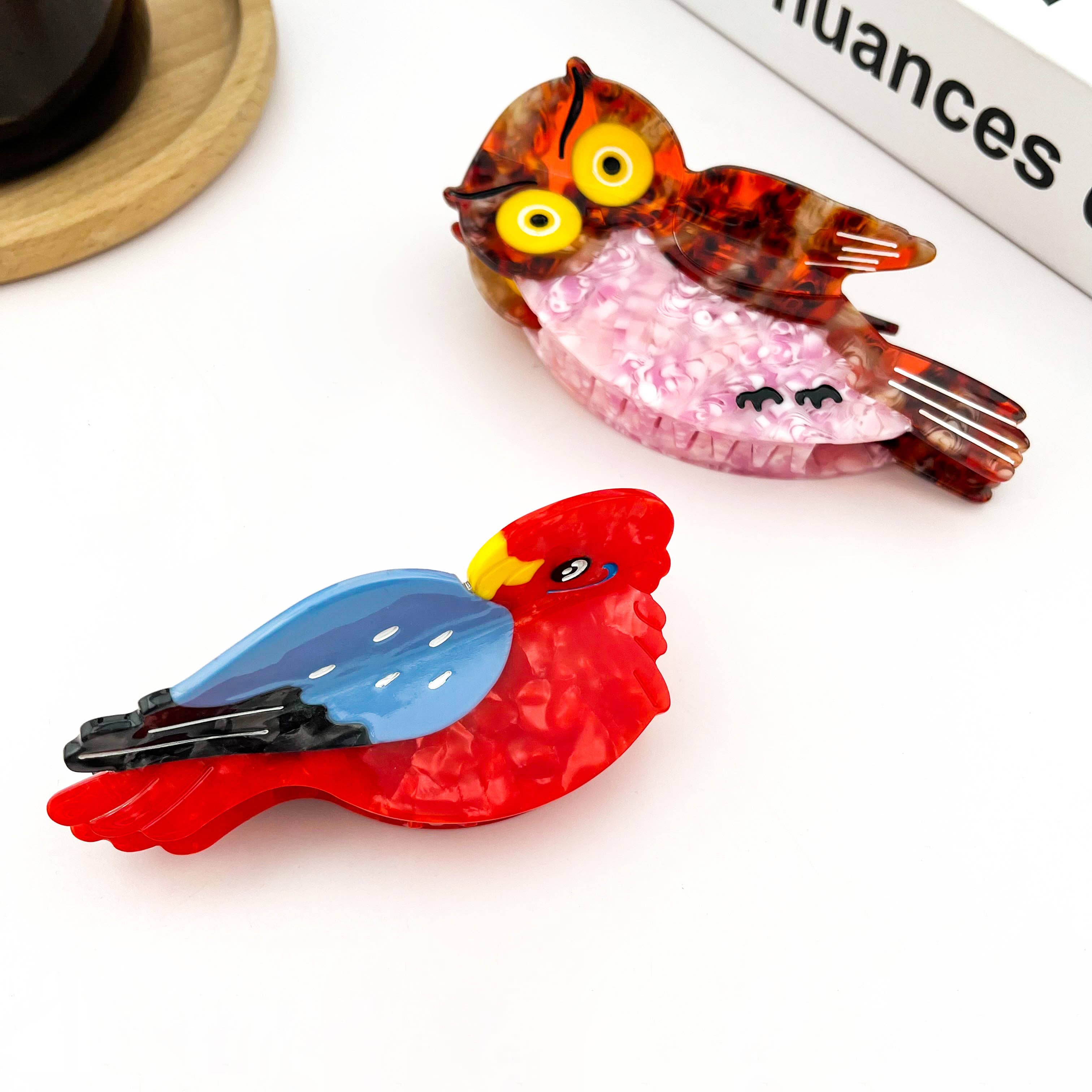 Acetate Owl and Parrot Hair Claw Clip: Owl