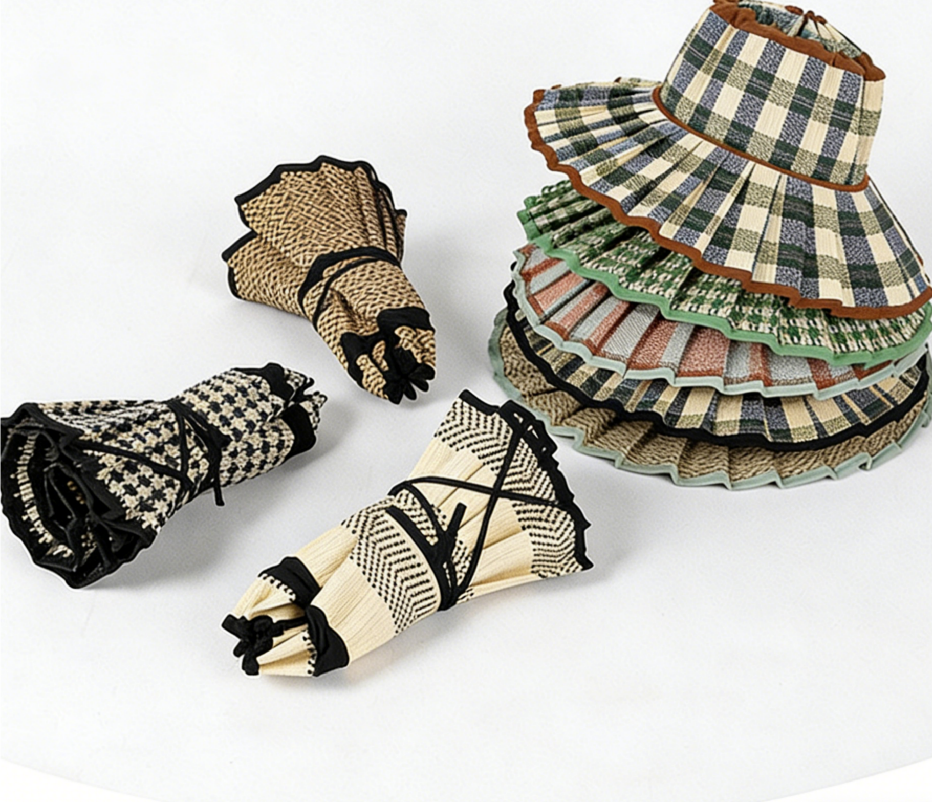Boho Checkered Straw Hat Roll Up Ruffled Beach Hat: VBlack / M