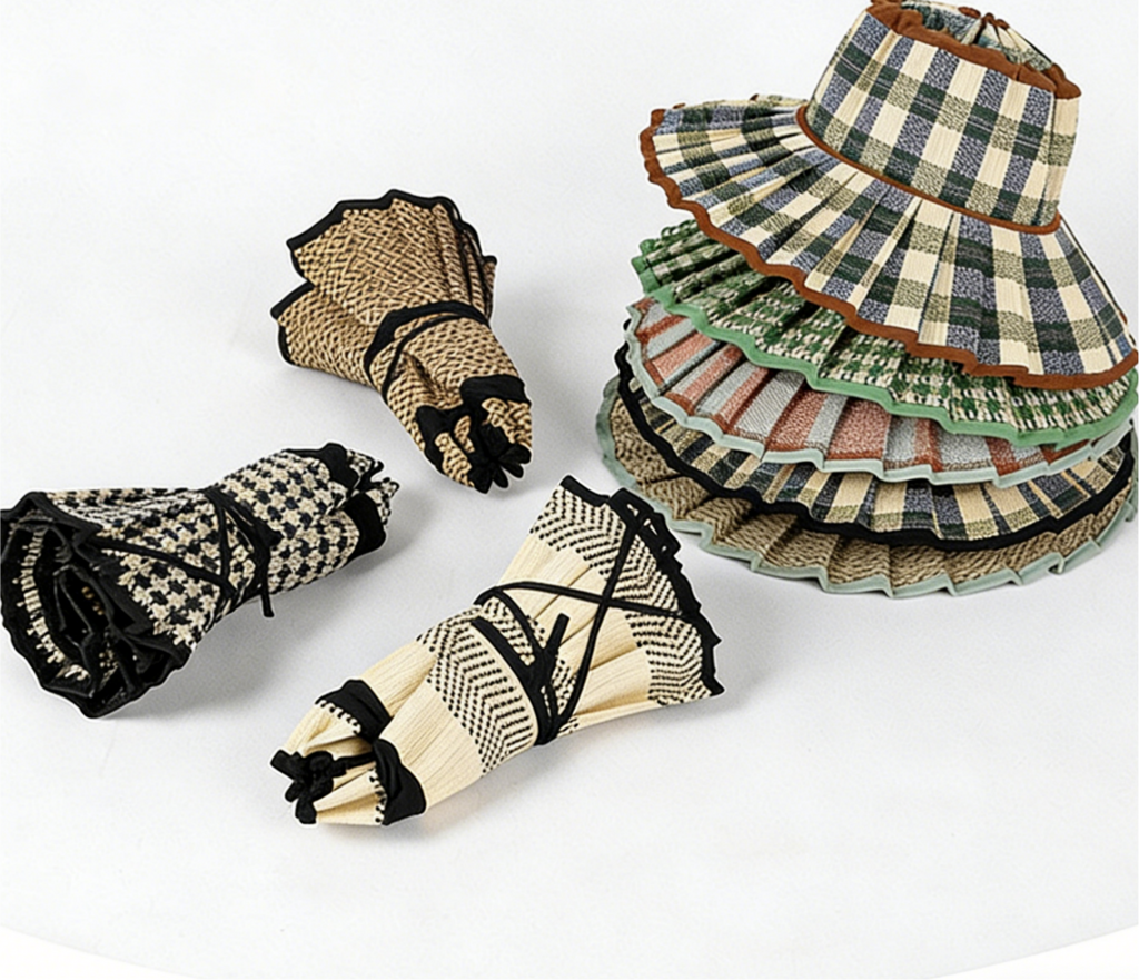 Boho Checkered Straw Hat Roll Up Ruffled Beach Hat: Green / M