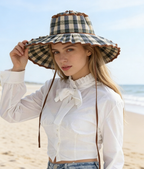 Boho Checkered Straw Hat Roll Up Ruffled Beach Hat