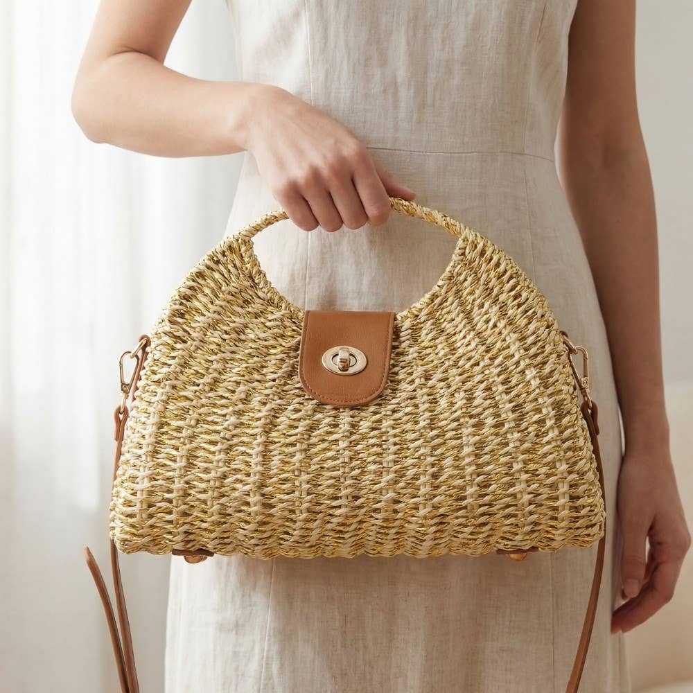 Woven Straw Top Handle Handbag Beige