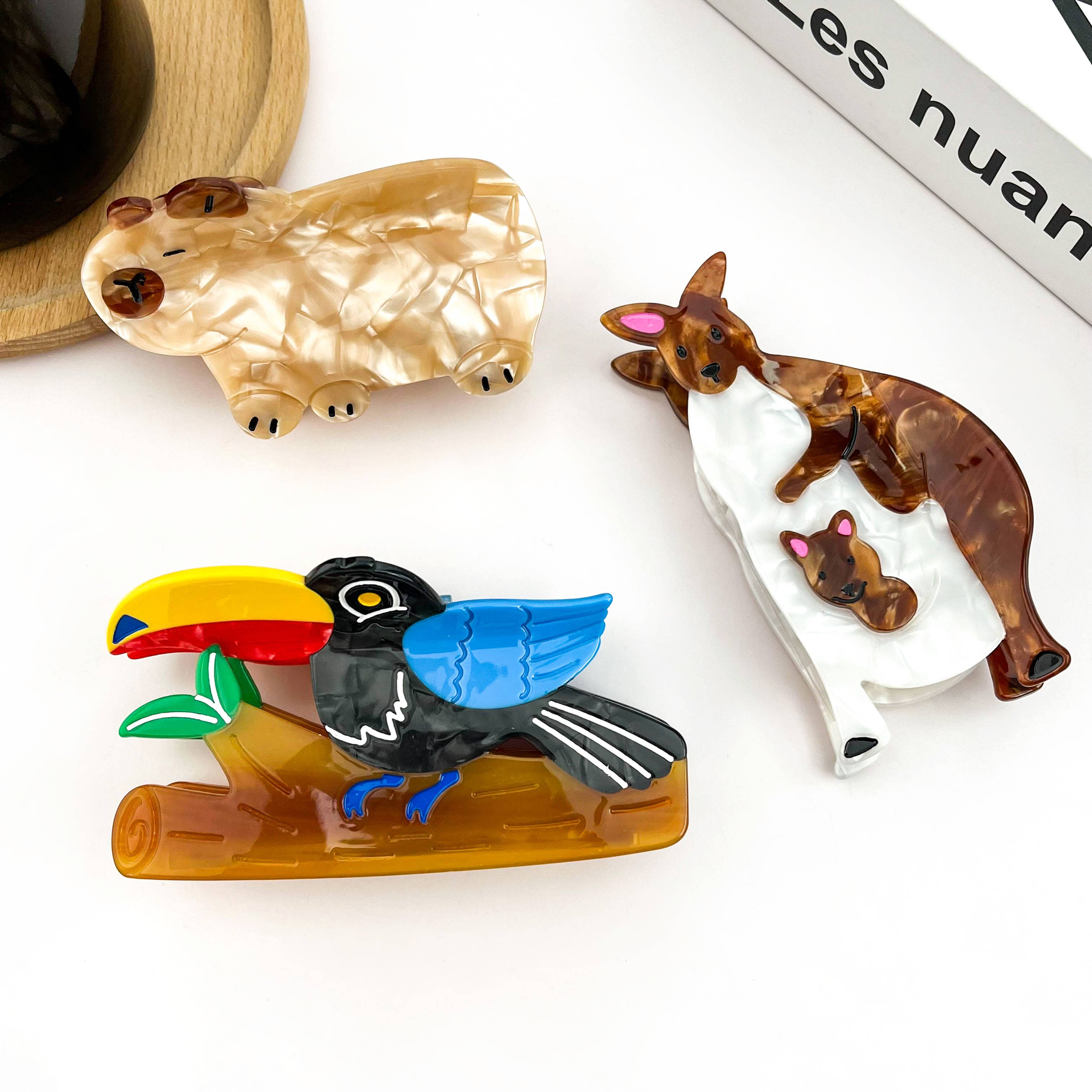 Animal Acetate Hair Claw Clip, Parrot, Capybara, Kangaroo: Woodpecker