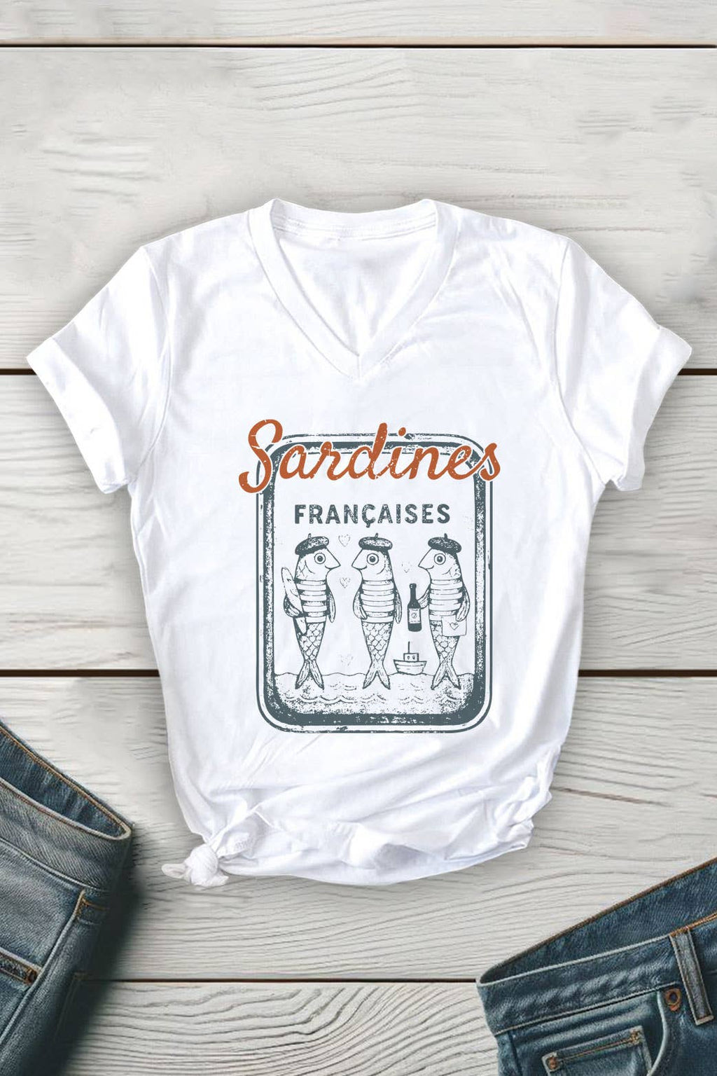 French Sardines Unisex V Neck Tee: White / L / Graphic T-Shirt