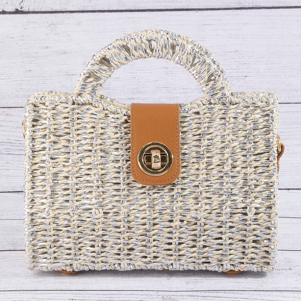 Basket Weave Top Handle Rectangle Bag White