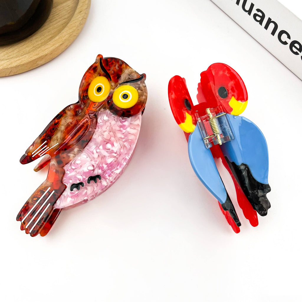 Acetate Owl and Parrot Hair Claw Clip: Owl