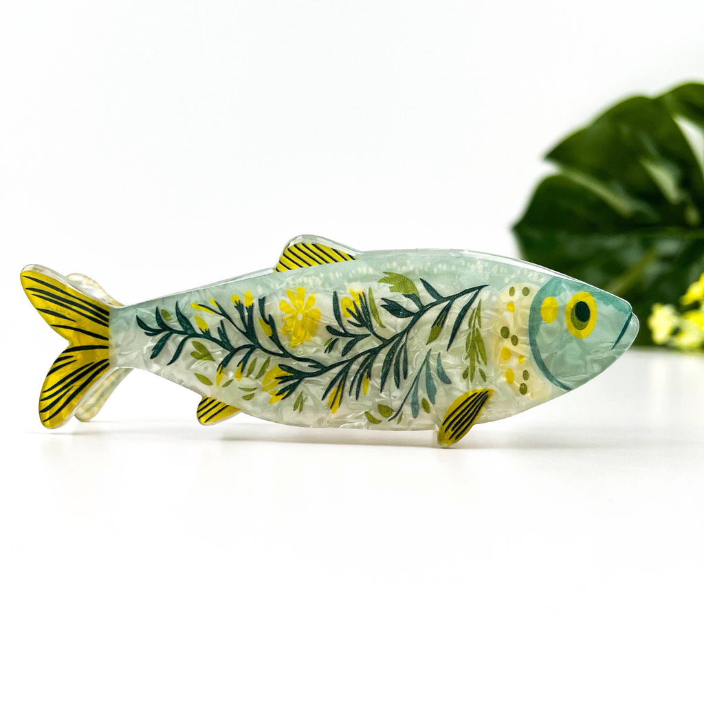 Green Sardine Hair Claw Clip with Seaweed Detail: Blue-A