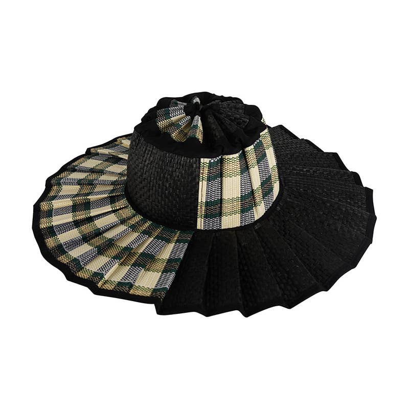 Boho Checkered Straw Hat Roll Up Ruffled Beach Hat: Green / M