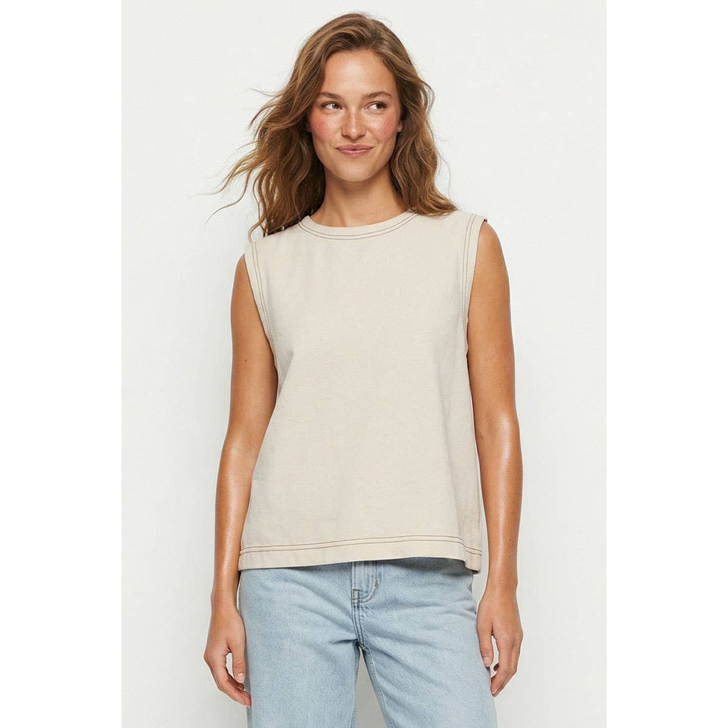 Round Neck Garment Wash Sleeveless Top: Denim / S-M-L(2-2-2)