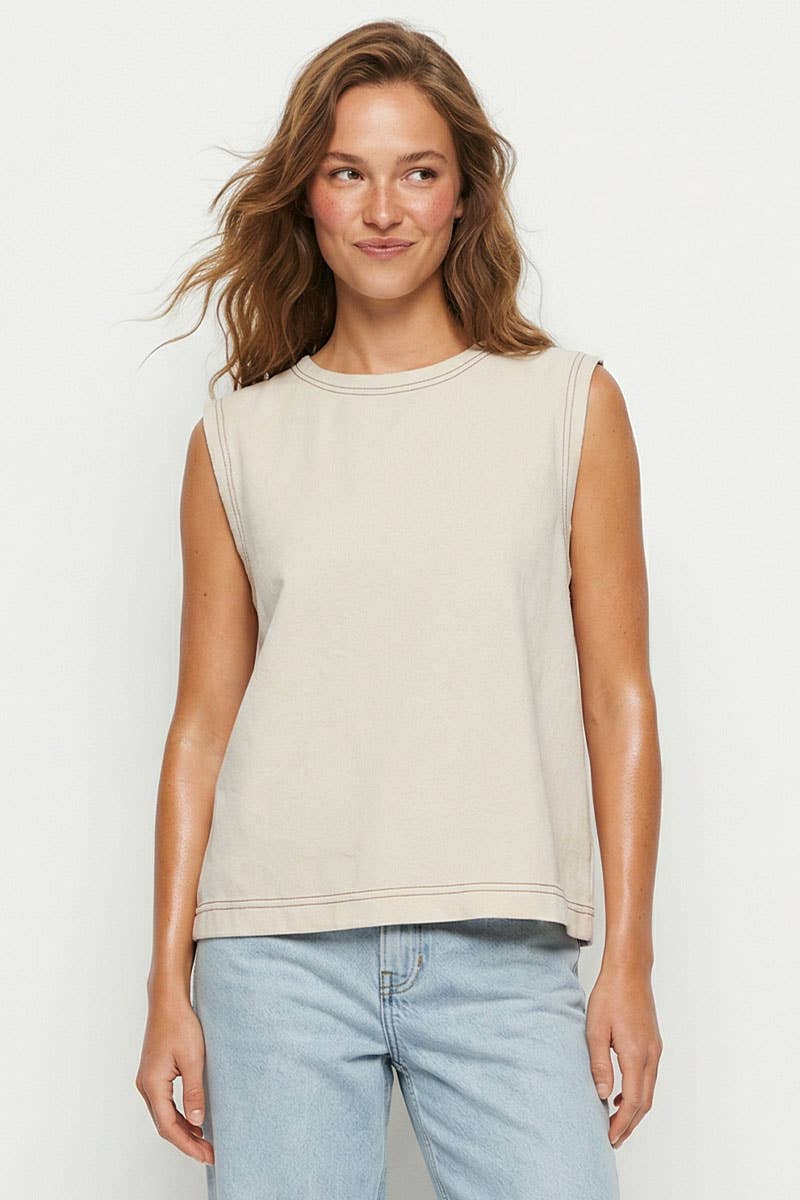 Round Neck Garment Wash Sleeveless Top: Banana / S-M-L(2-2-2)